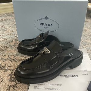 Prada Logo Leather Loafer Mules
